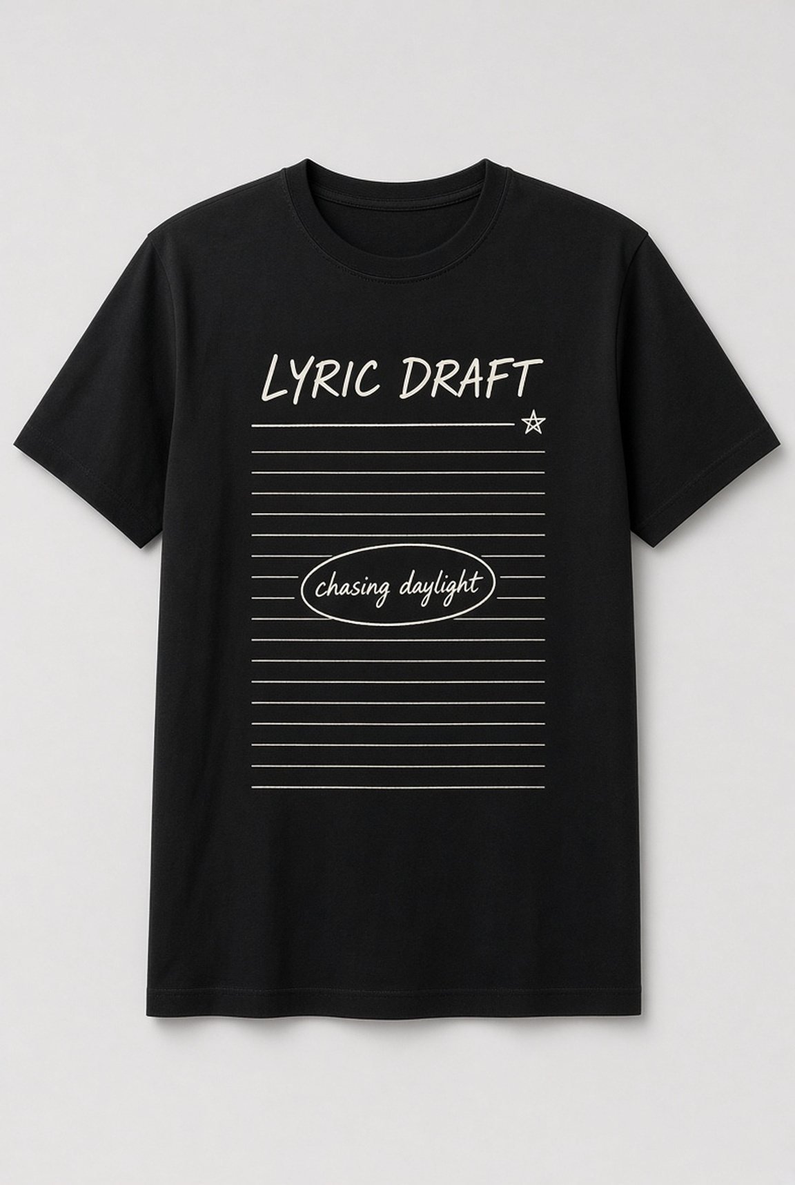 Lyric Draft Songwriter Notebook unisex t-shirt in black with lined notebook page with a circled lyric