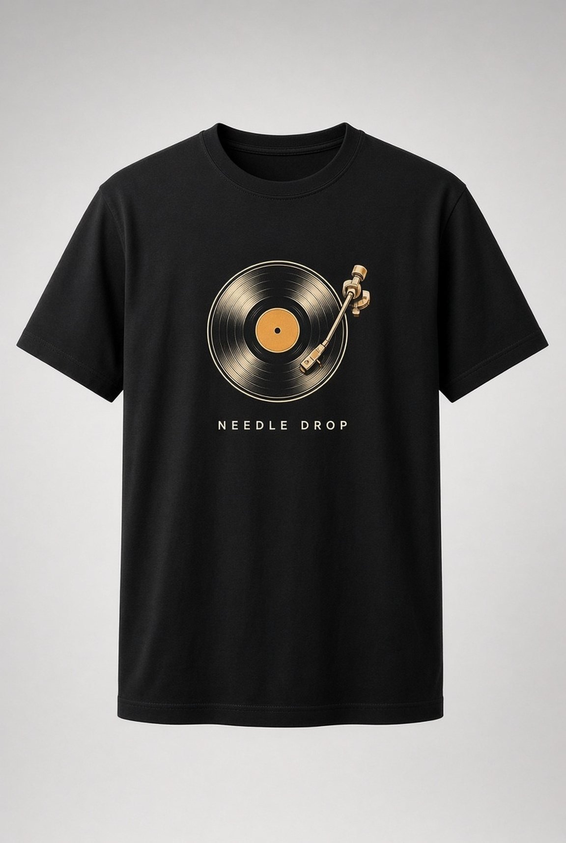 Needle Drop Vinyl Record unisex t-shirt in black with vinyl record with orange label and gold tonearm