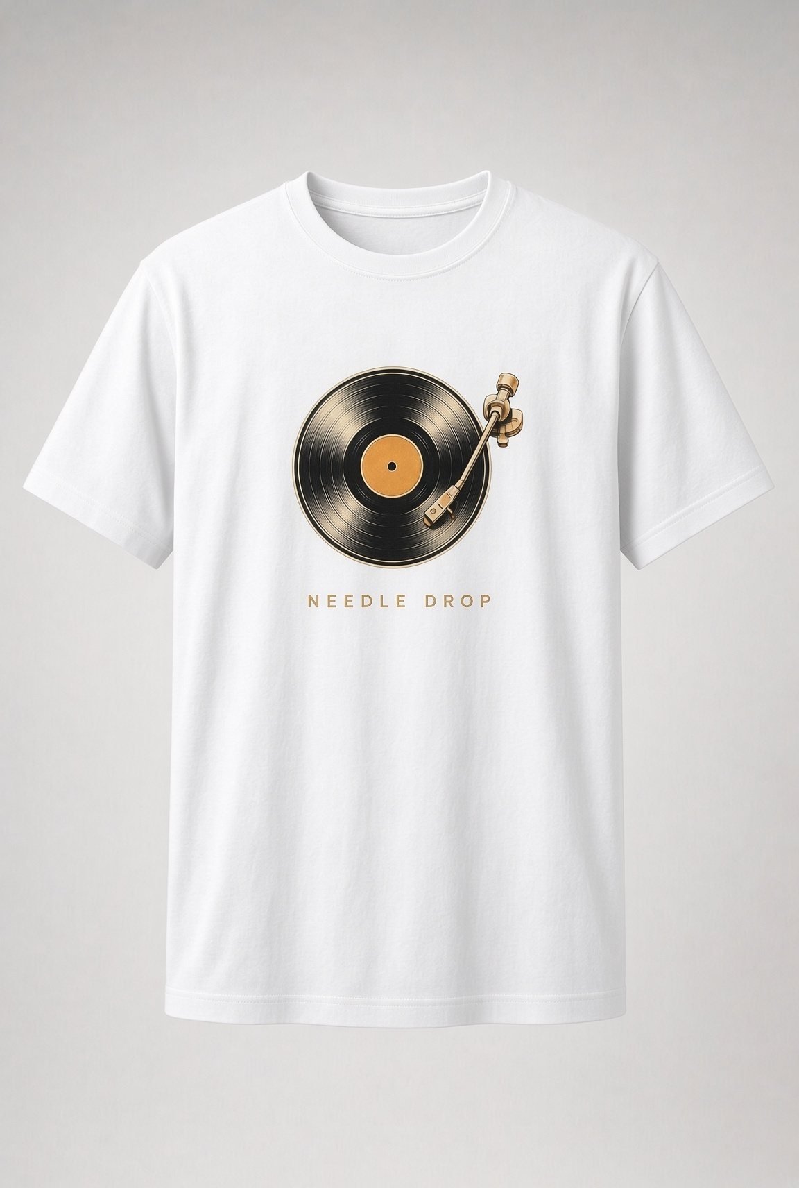 Needle Drop Vinyl Record unisex t-shirt in white with vinyl record with orange label and gold tonearm